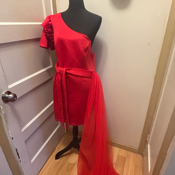 Red One-Shoulder Ruffle Dress - Picture 5 of 7